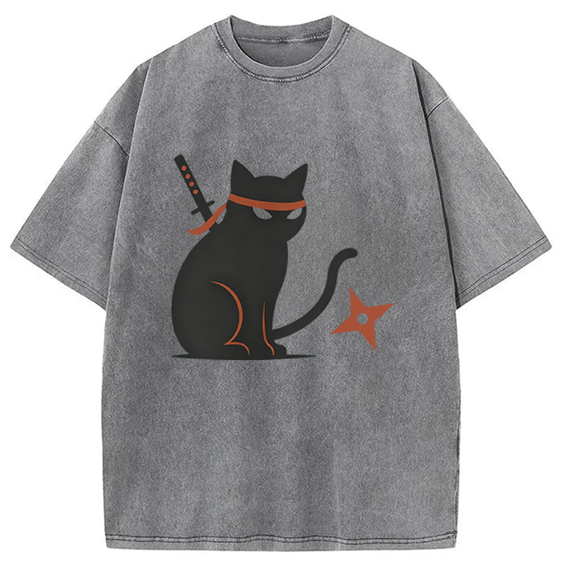 Modecanvas Japanese Ninja Neko Kimono Cat DTG Printing Washed T-Shirt