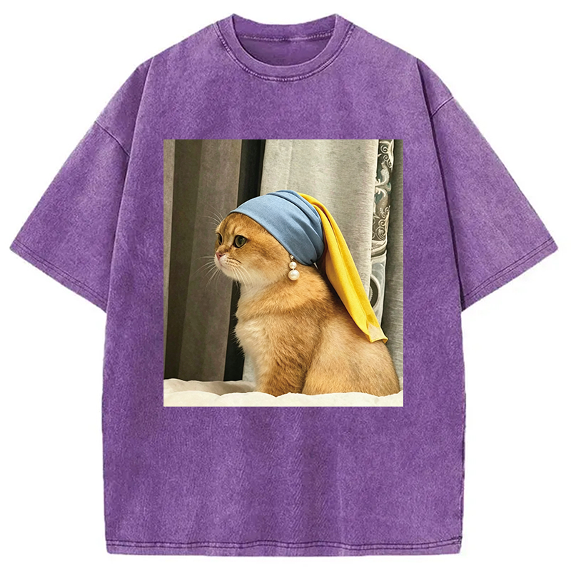 Modecanvas Cat with Pearl Earring Meme DTG Printing Washed T-Shirt