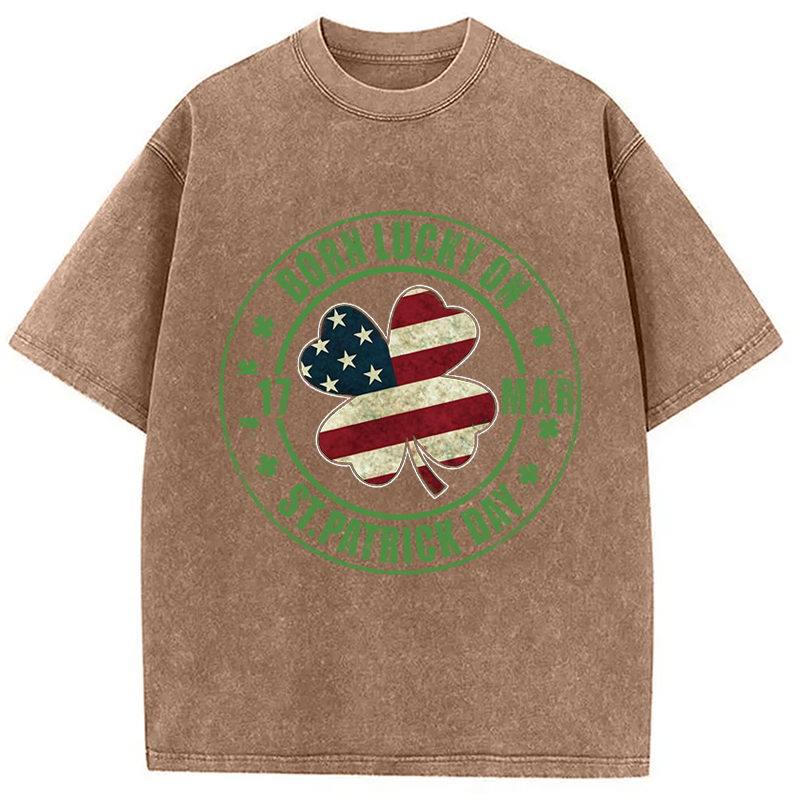 Modecanvas Born Lucky On St Patricks Day DTG Printing Washed T-Shirt