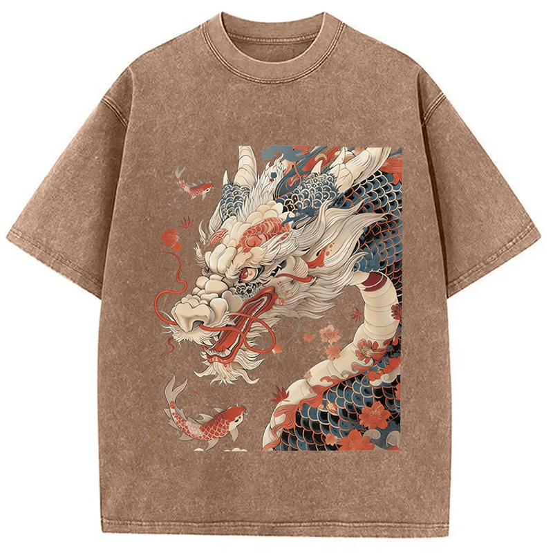 Modecanvas Dragon Koi Fish DTG Printing Washed T-Shirt