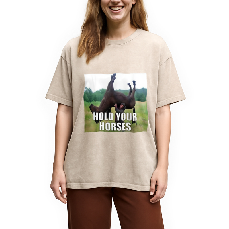Modecanvas Hold Your Horses Funny Meme Washed T-Shirt