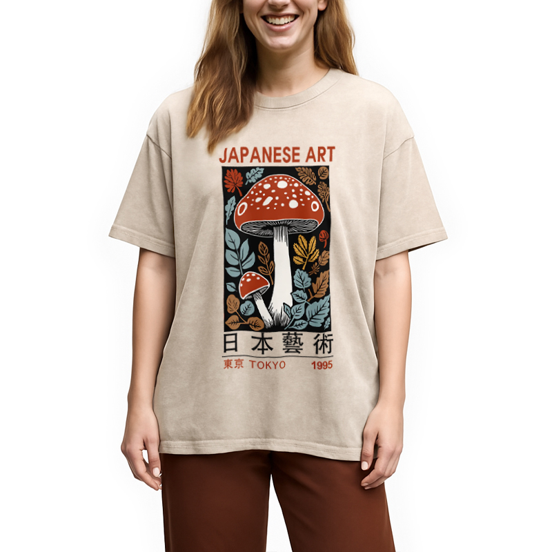 Modecanvas Fall Forest Mushroom Washed T-Shirt