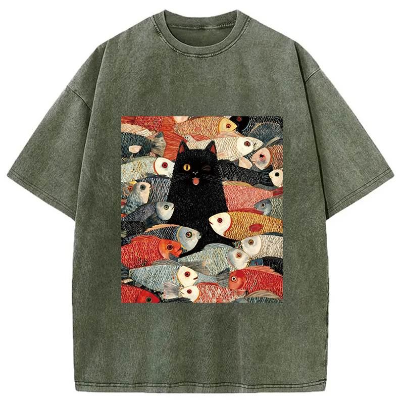 Modecanvas Black Cat Koi Fish Washed T-Shirt