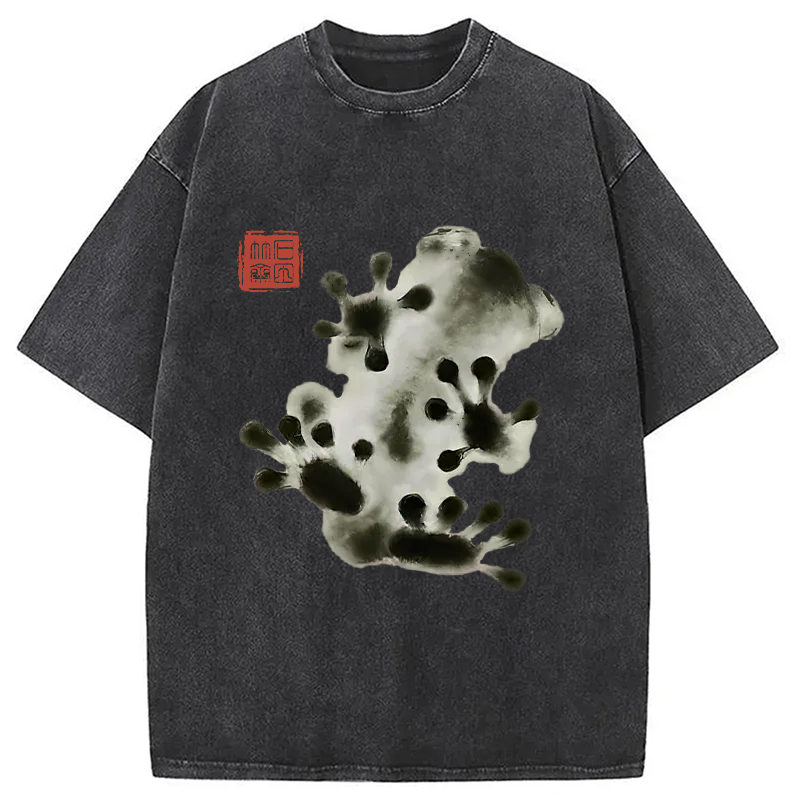 Modecanvas Ink Painting Frog Washed T-Shirt-modecanvas