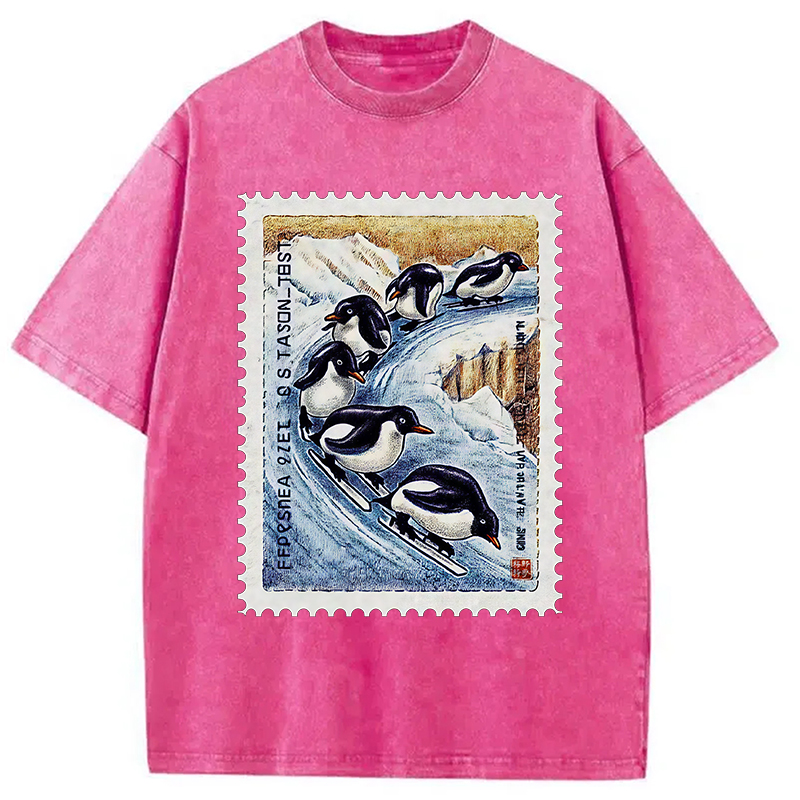 Modecanvas Gliding Penguin Stamp Washed T-Shirt