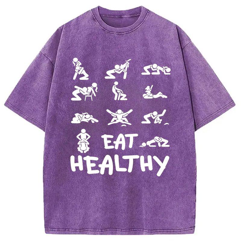 Modecanvas Eat Healthy Funny DTG Printing Washed T-Shirt