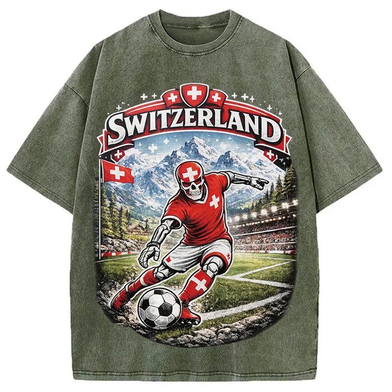 Modecanvas Switzerland Soccer Skull DTG Printing Washed T-Shirt