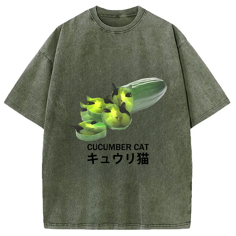 Modecanvas Funny Cucumber Cat Meme Washed T-Shirt