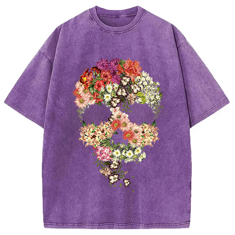 Modecanvas Skull Floral DTG Printing Washed T-Shirt