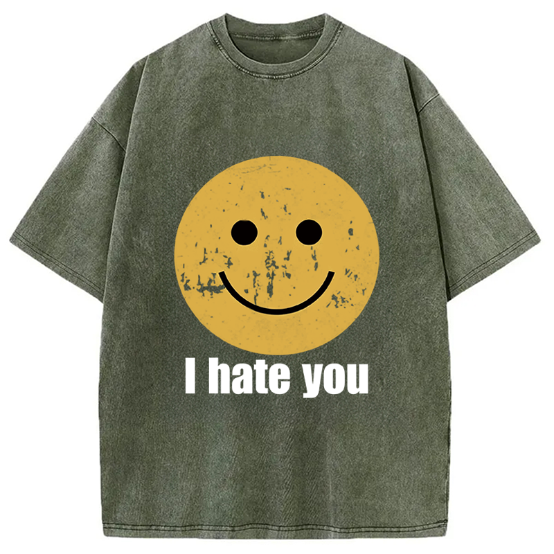 Modecanvas I Hate You Smiley Face Washed T-Shirt-modecanvas