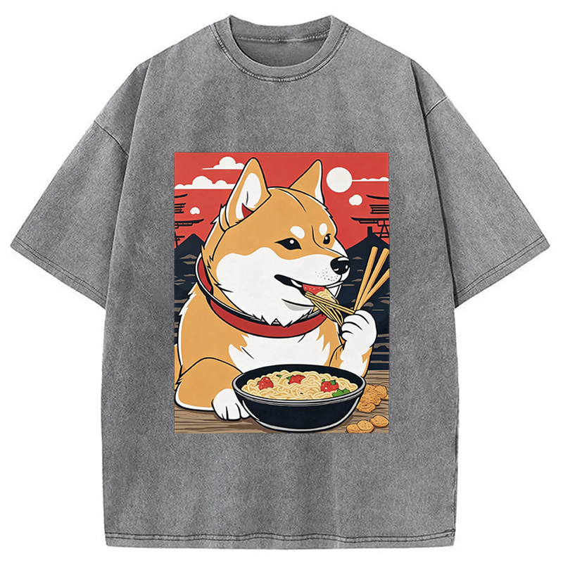 Modecanvas Cute Shiba Inu Dog Eating Ramen DTG Printing Washed T-Shirt