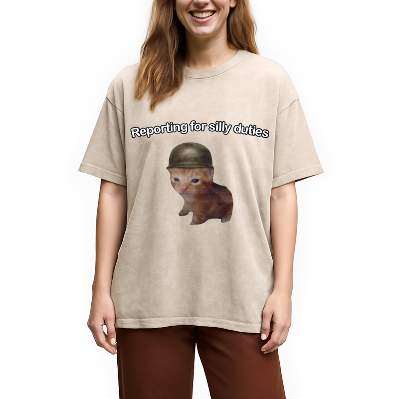 Modecanvas Reporting for Silly Duties Funny Cat Meme DTG Printing Washed T-Shirt