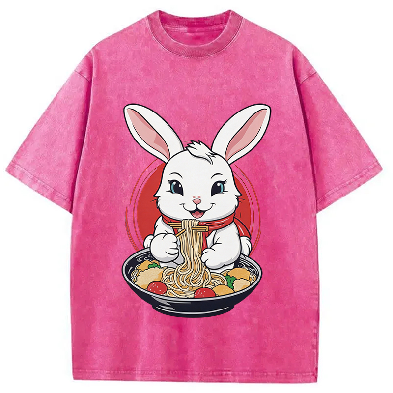 Modecanvas Cute Kawaii Rabbit Eating Ramen DTG Printing Washed T-Shirt