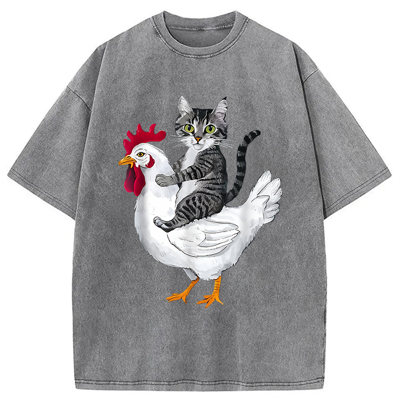 Modecanvas Funny Cat Riding Chicken Washed T-Shirt