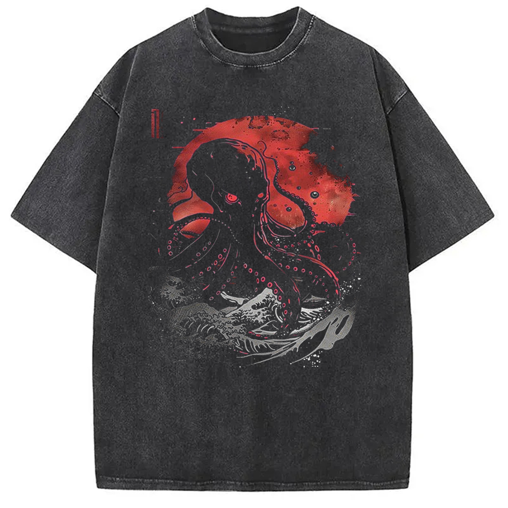 Modecanvas Red Moon Kraken Octopus DTG Printing Washed T-Shirt-modecanvas