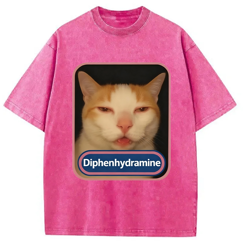 Modecanvas Pink Diphenhydramine Meme Cat Washed T-Shirt-modecanvas