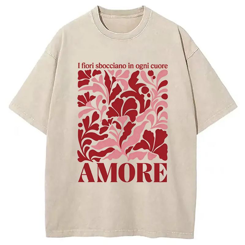Modecanvas Red Floral Amore DTG Printing Washed T-Shirt-modecanvas