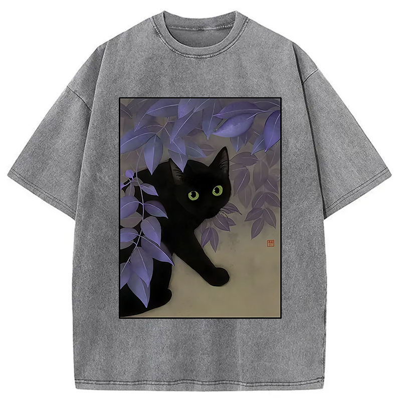 Modecanvas Cat Under The Flowers Washed T-Shirt