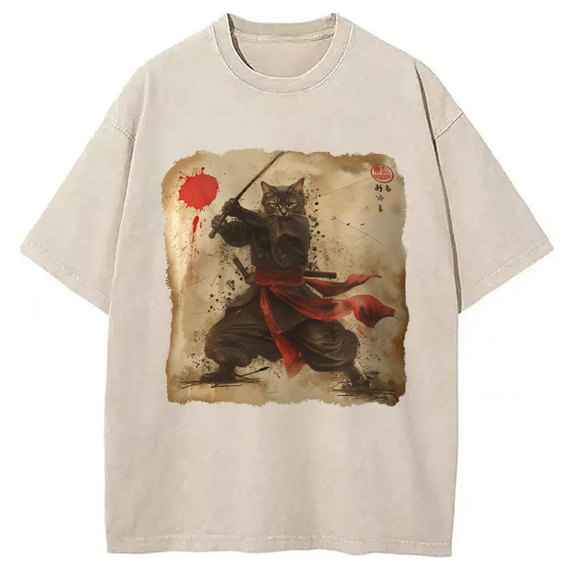 Modecanvas Vintage Samurai Cat Washed T-Shirt