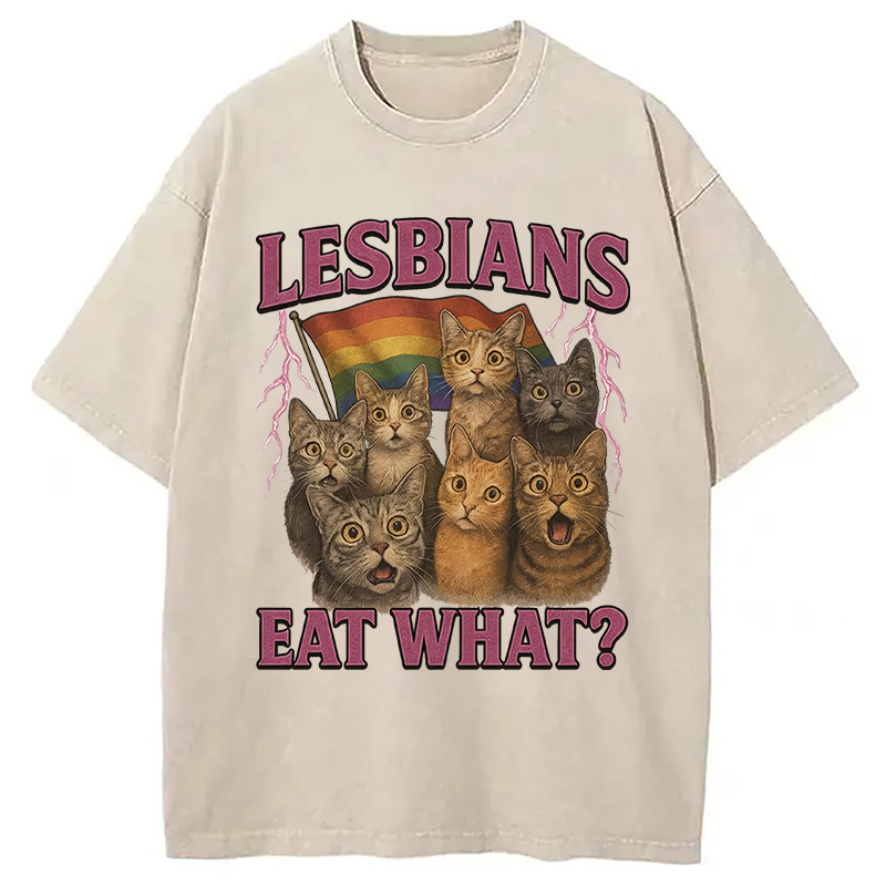 Modecanvas Lesbians Eat What?! Funny Lesbian Pride Meme DTG Printing Washed T-Shirt
