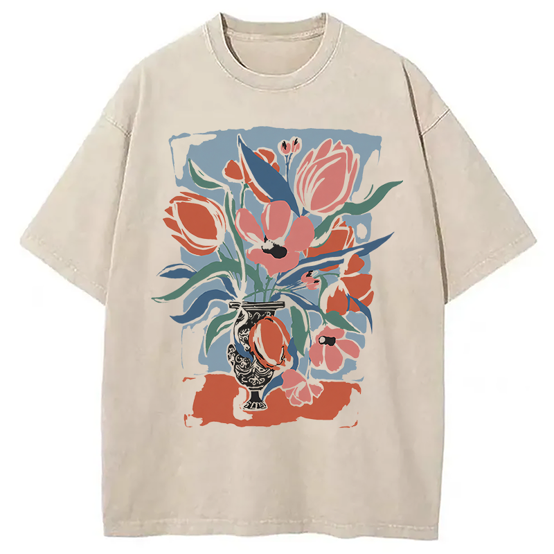 Modecanvas Spring Flower DTG Printing Washed T-Shirt