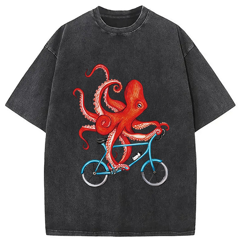 Modecanvas Octopus On A Bicycle Parody Meme DTG Printing Washed T-Shirt-modecanvas
