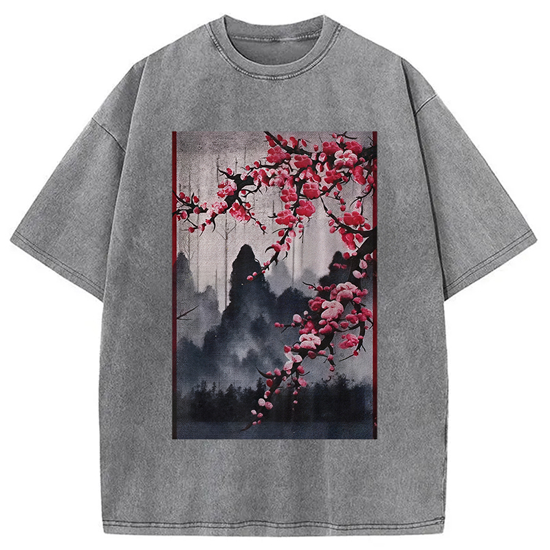 Modecanvas Cherry Blossom Woodblock Japanese Washed T-Shirt