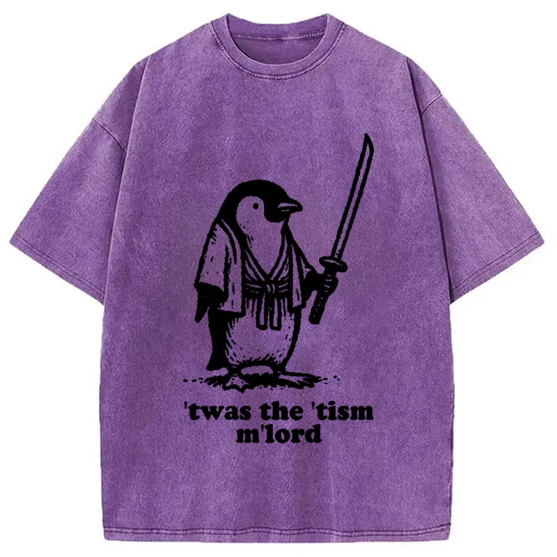 Modecanvas Focused Penguin Samurai Washed T-Shirt-modecanvas