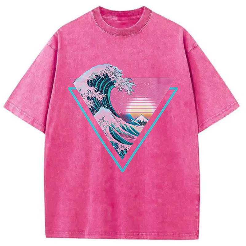Modecanvas Great Wave Retro Triangle DTG Printing Washed T-Shirt