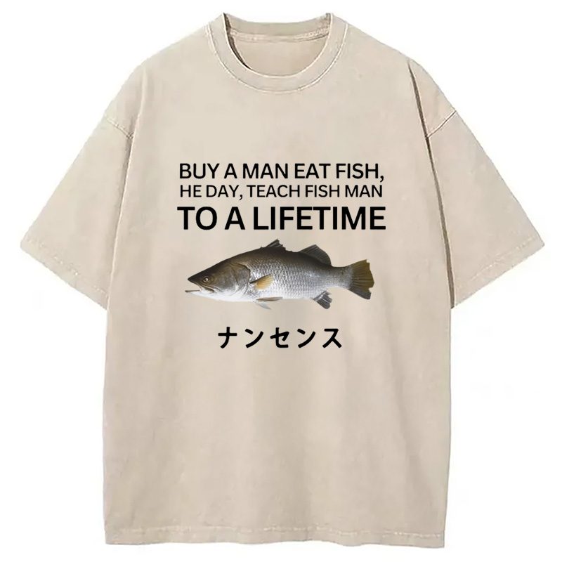 Modecanvas Buy a Man Eat Fish Washed T-Shirt-modecanvas