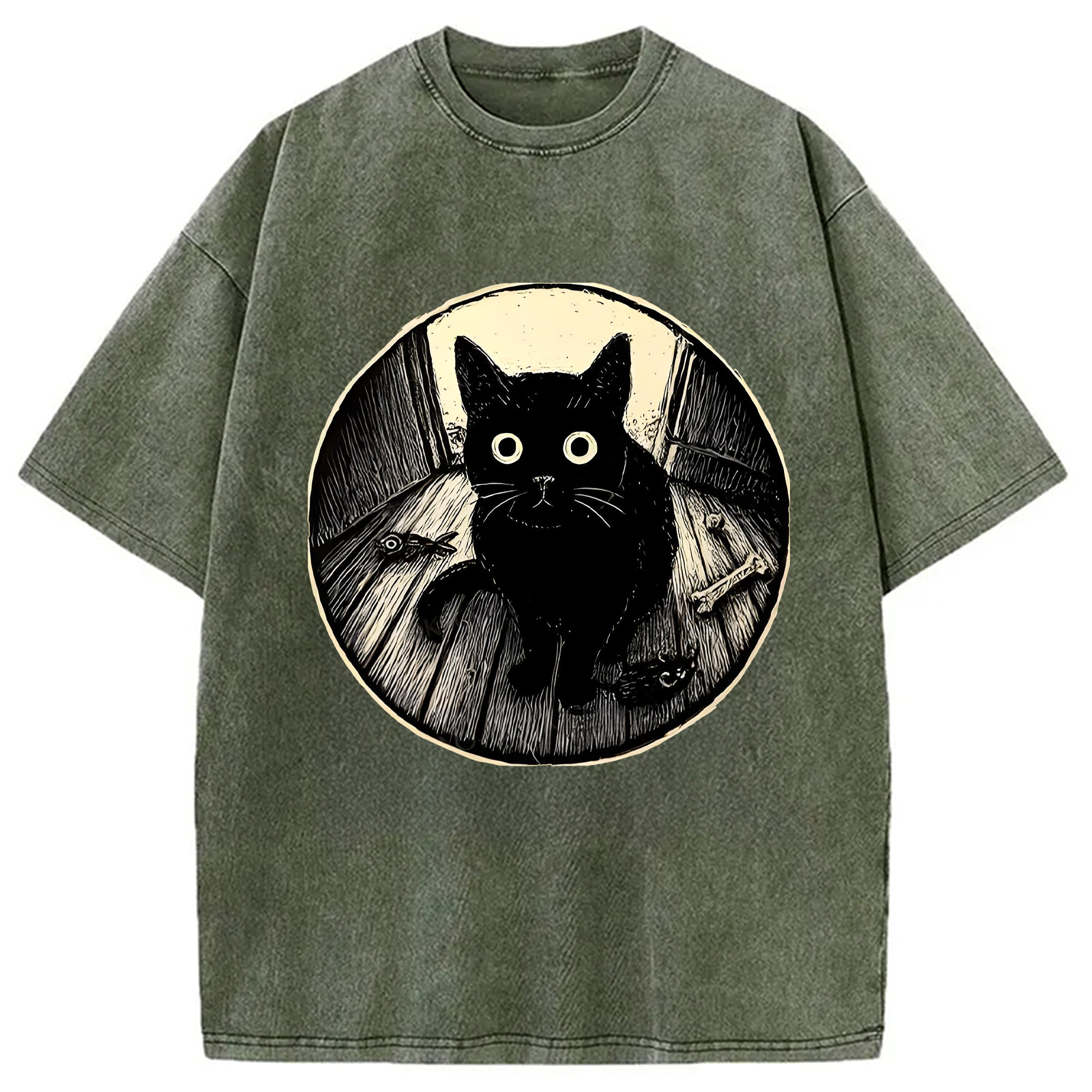 Modecanvas Waiting Black Cat Washed T-Shirt