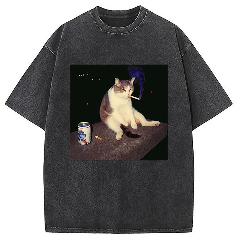 Modecanvas Cigarette Kitten Funny Smoking Cat Meme Washed T-Shirt-modecanvas
