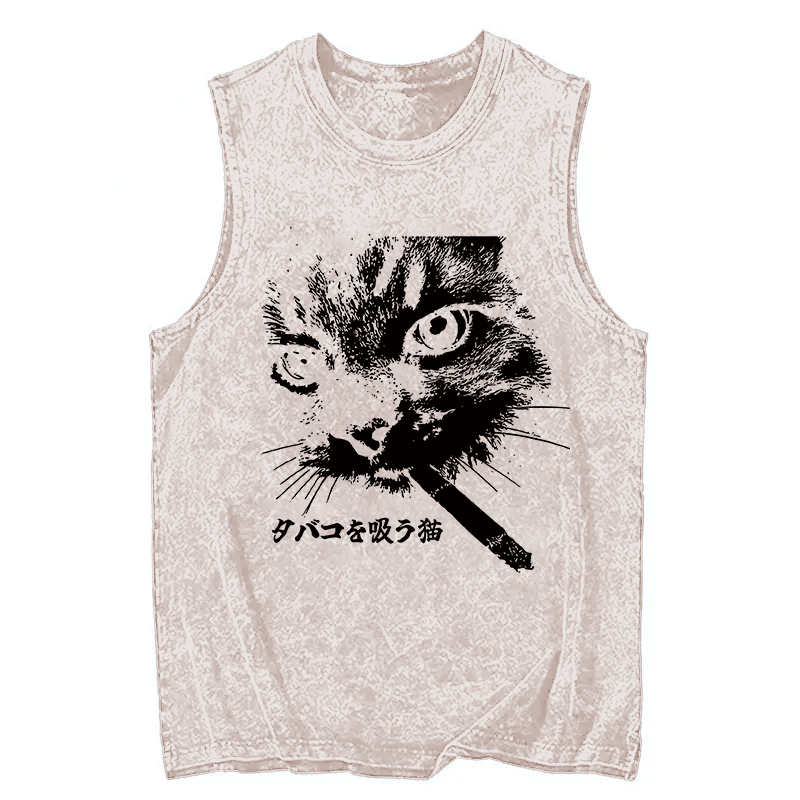 Modecanvas Retro Cat Smoking DTG Printing Washed Tank-modecanvas
