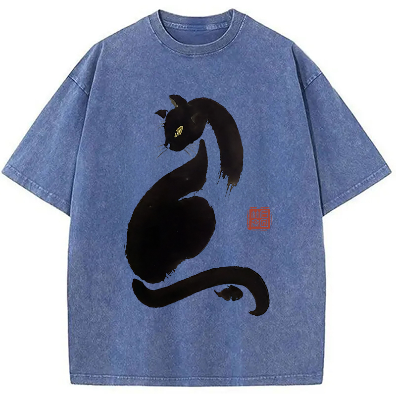 Modecanvas Elegant Black Cat Japan Washed T-Shirt