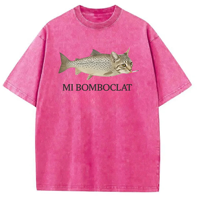 Modecanvas Bomboclat Fish Cat Meme Washed T-Shirt-modecanvas