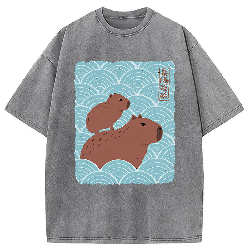 Modecanvas Kawaii Capybara Ukiyo-e Washed T-Shirt
