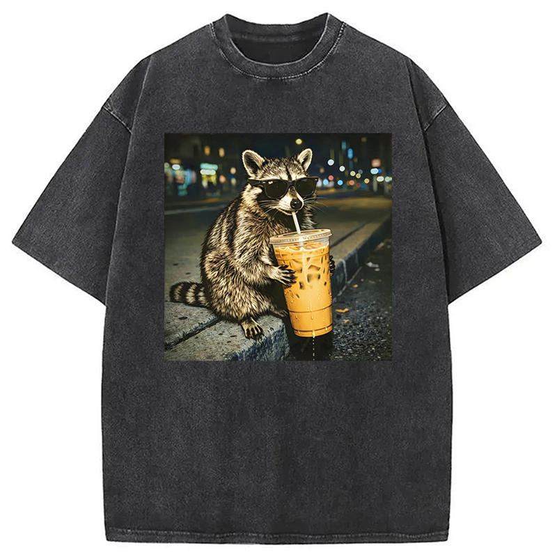 Modecanvas Racoon with a Ice Coffee Washed T-Shirt-modecanvas