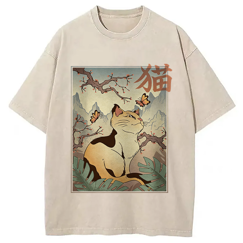 Modecanvas Kawaii Cat DTG Printing Washed T-Shirt-modecanvas