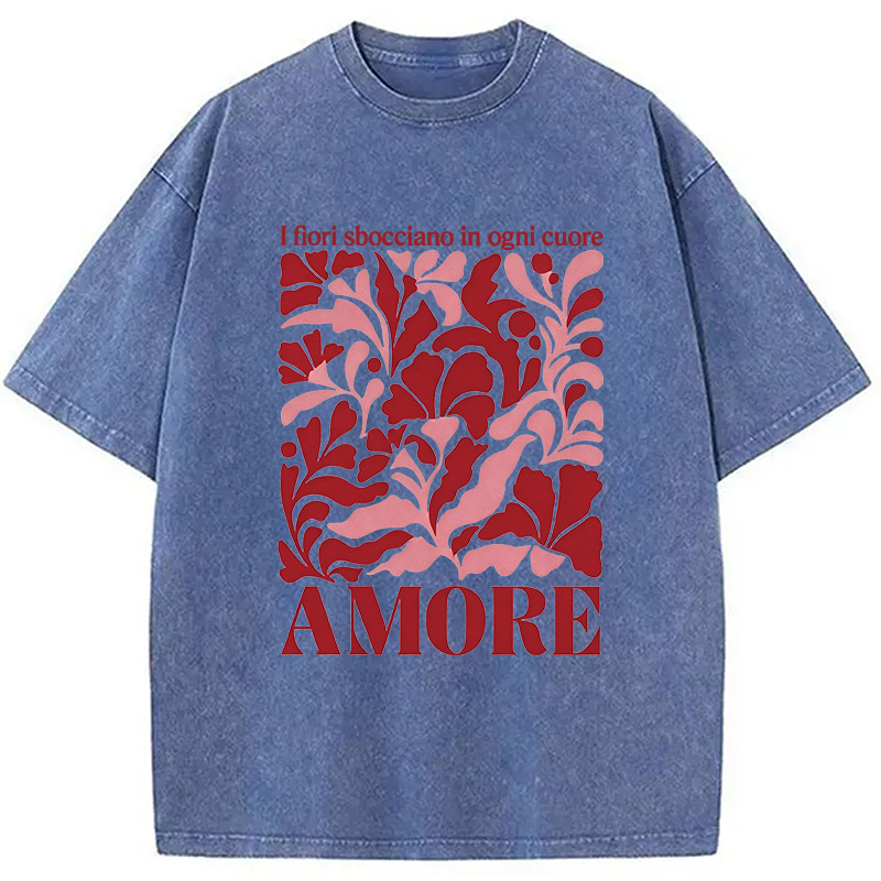 Modecanvas Red Floral Amore DTG Printing Washed T-Shirt-modecanvas