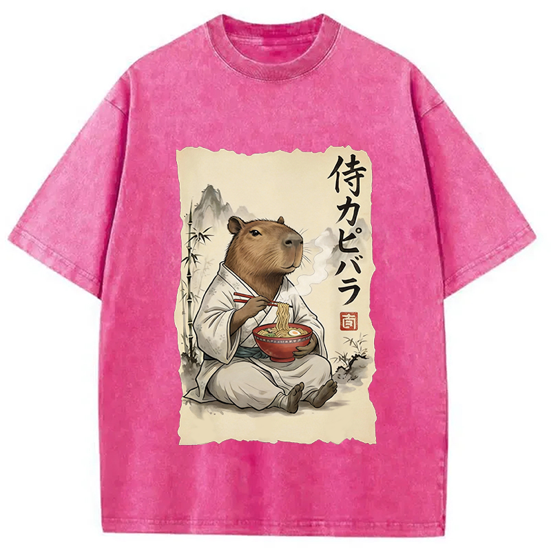 Modecanvas Funny Capybara Ramen DTG Printing Washed T-Shirt