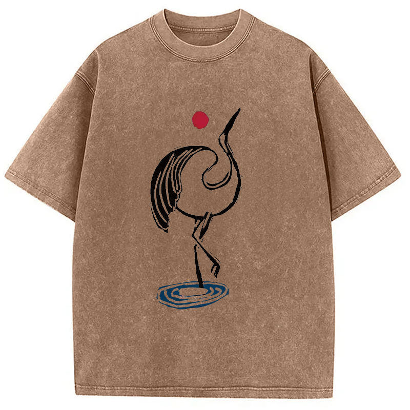 Modecanvas Japanese Crane Linocut DTG Printing Washed T-Shirt-modecanvas