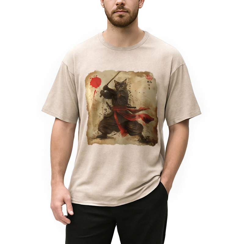 Modecanvas Vintage Samurai Cat Washed T-Shirt
