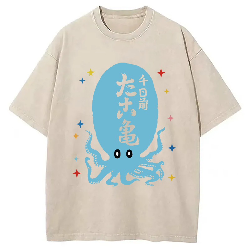 Modecanvas Japanese Retro Octopus DTG Printing Washed T-Shirt