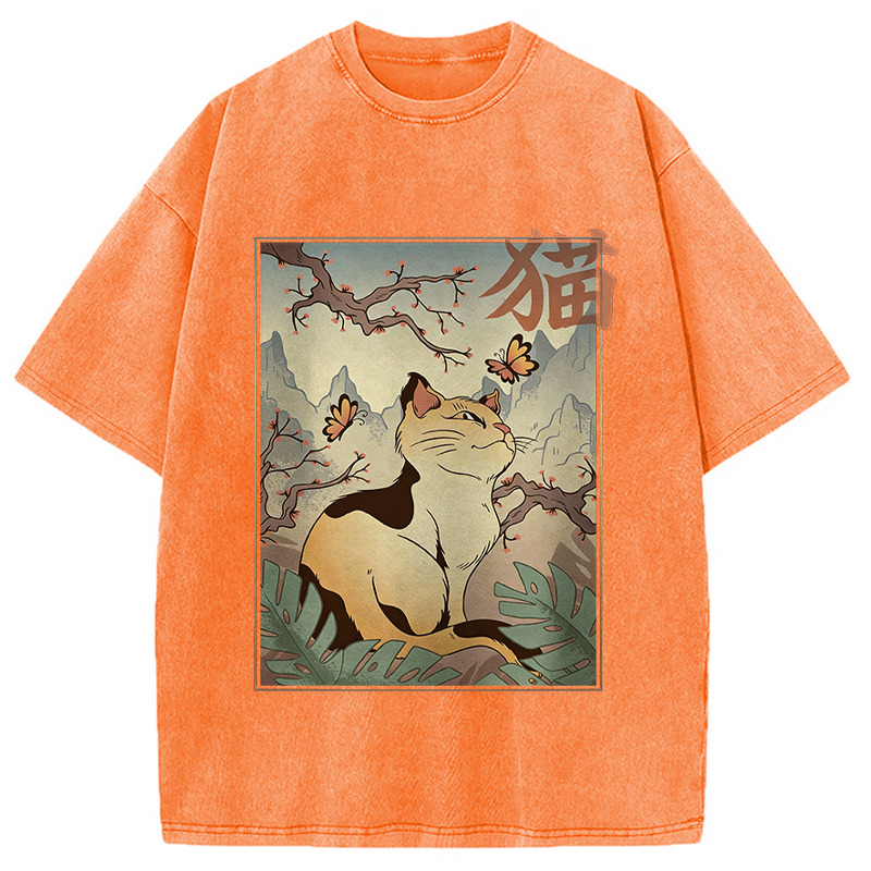 Modecanvas Kawaii Cat DTG Printing Washed T-Shirt-modecanvas