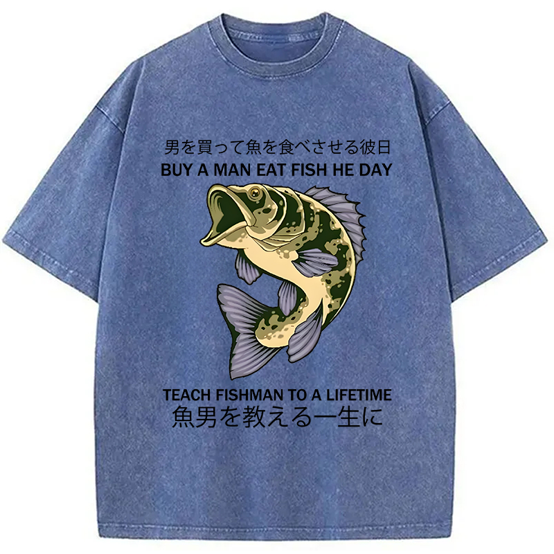 Modecanvas Teach A Man To Fish Washed T-Shirt-modecanvas