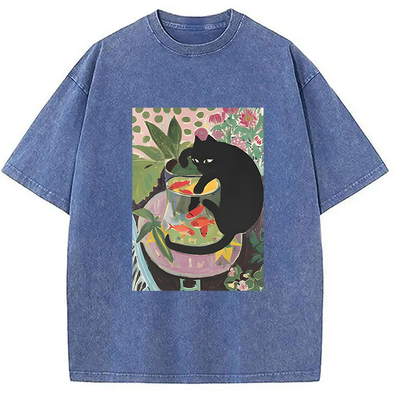 Modecanvas Goldfish And A Cat Washed T-Shirt