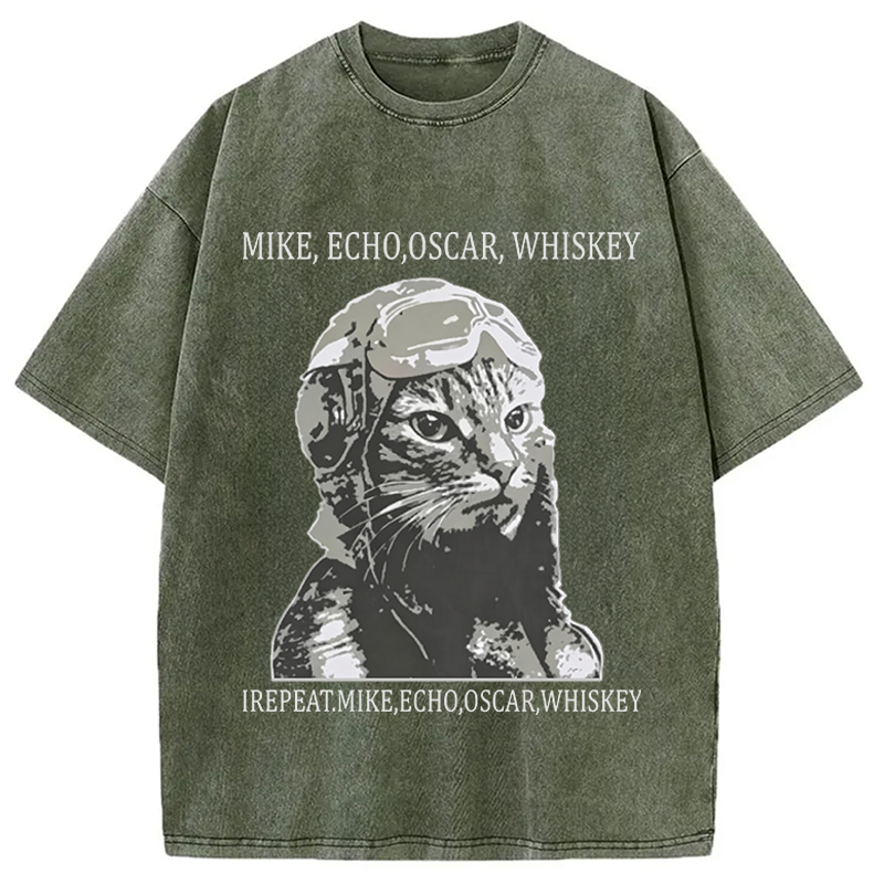 Modecanvas Funny Pilot Cat Meme DTG Printing Washed T-Shirt