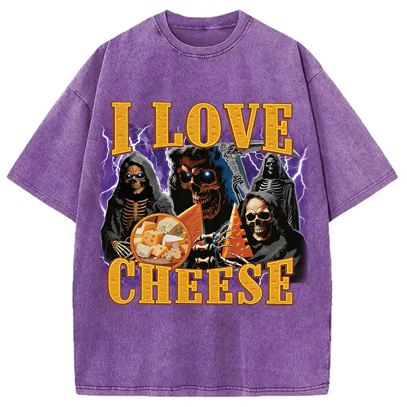 Modecanvas I Love Cheese Funny Skeleton Meme DTG Printing Washed T-Shirt
