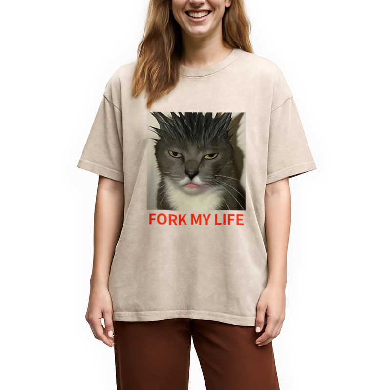 Modecanvas Gray Cat Fork My Life Washed T-Shirt