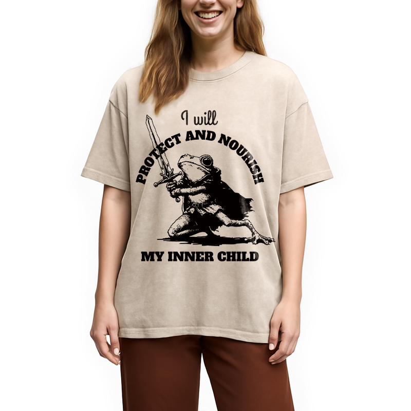 Modecanvas Funny Protect Inner Child Toad Meme DTG Printing Washed T-Shirt
